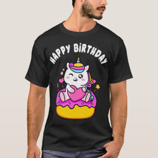 Cute Happy Birthday Unicorn with Cake Kids Girls T-Shirt