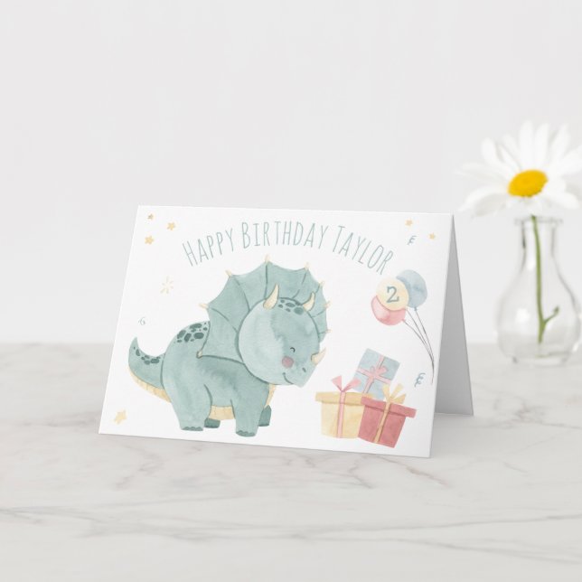 Cute Happy Birthday Watercolor Dinosaur Two Years Card (Small Plant)