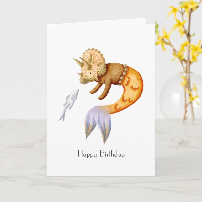 Cute Happy Birthday with Triceratops Mermaid  Card (Yellow Flower)