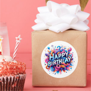 Cute Happy Birthday word art Classic Round Sticker