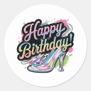 Cute Happy Birthday word art ladies Classic Round Sticker