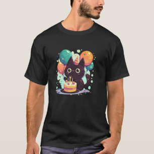 Cute Happy Black Cat Birthday Cake And Birthday Ba T-Shirt