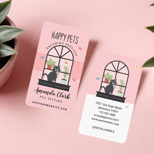 Cute Happy Black Cat on Window Sill Pet Sitting Business Card