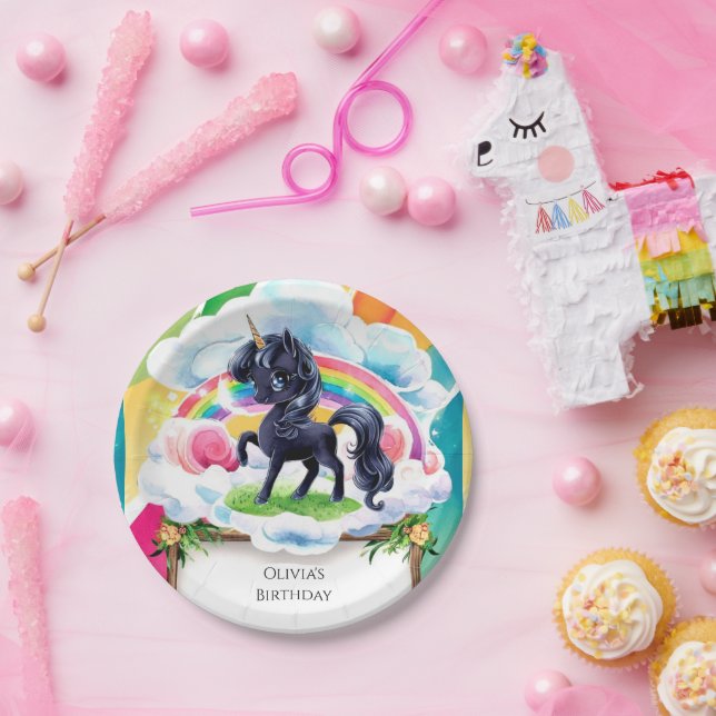 Cute Happy Black Unicorn Birthday Paper Plate (Party)