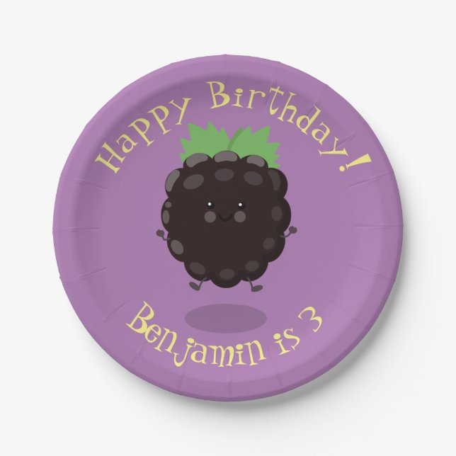 Cute happy blackberry purple cartoon illustration paper plate (Front)