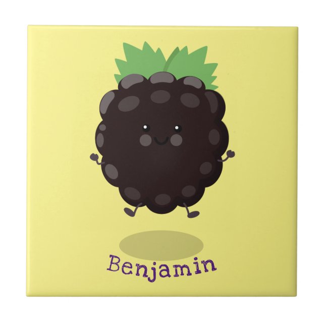Cute happy blackberry purple cartoon illustration tile (Front)