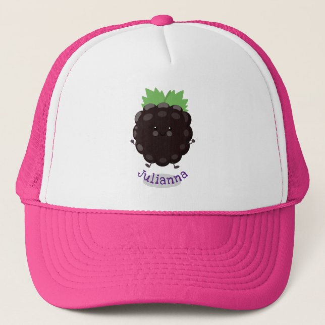 Cute happy blackberry purple cartoon illustration trucker hat (Front)