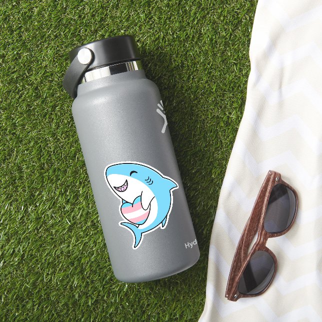 Cute Happy Blahaj Blue Shark Holding Trans Heart (HydroFlask Insitu)