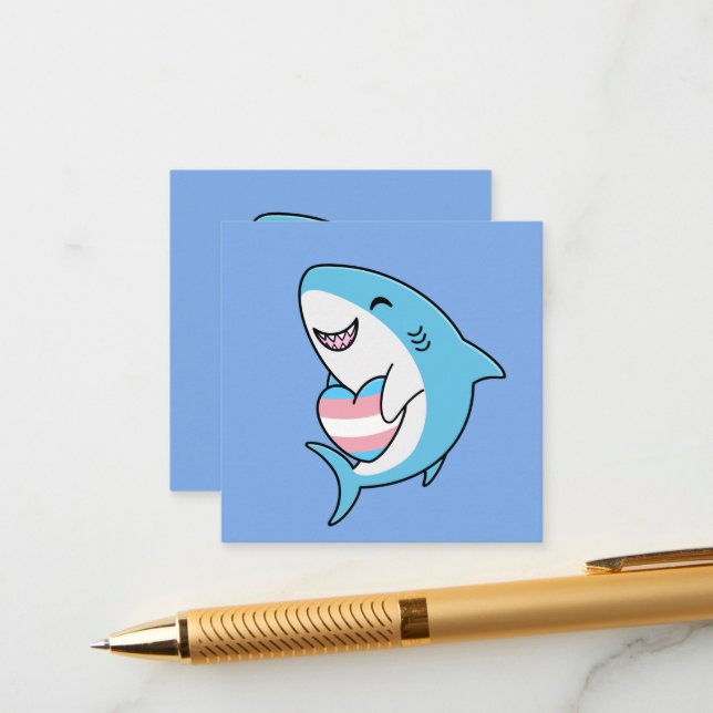 Cute Happy Blahaj Blue Shark Holding Trans Heart Enclosure Card (Front/Back In Situ)