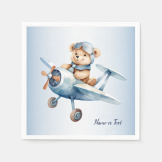 Cute Happy Blue Bear Pilot Aeroplane Party Napkin