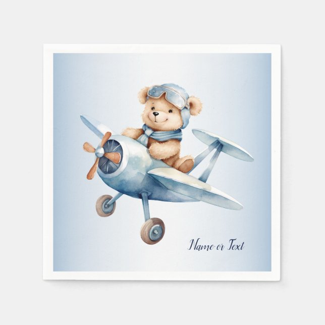 Cute Happy Blue Bear Pilot Aeroplane Party Napkin (Front)