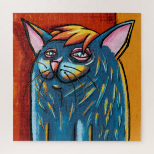 Cute Happy Blue Cat Digital Oil Pastel Jigsaw Puzzle