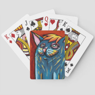 Cute Happy Blue Cat Digital Oil Pastel Playing Cards
