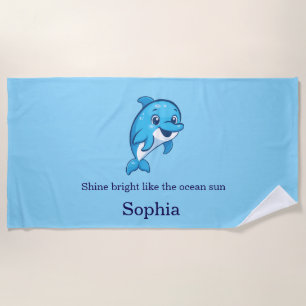 Cute Happy Blue Dolphin Cartoon Sea Creature Beach Towel