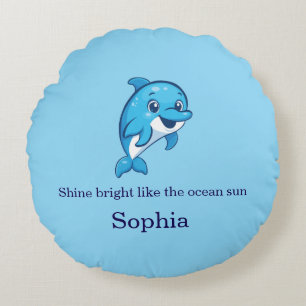 Cute Happy Blue Dolphin Cartoon Sea Creature Round Cushion