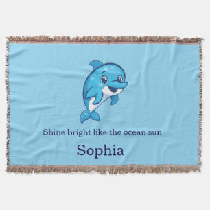 Cute Happy Blue Dolphin Cartoon Sea Creature Throw Blanket