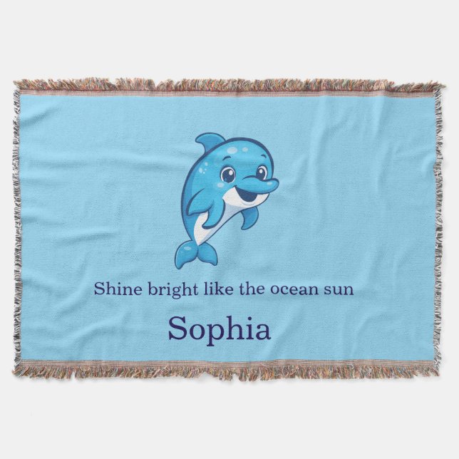 Cute Happy Blue Dolphin Cartoon Sea Creature Throw Blanket (Front)