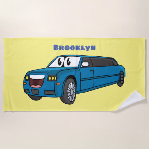 Cute happy blue Limousine cartoon car Beach Towel