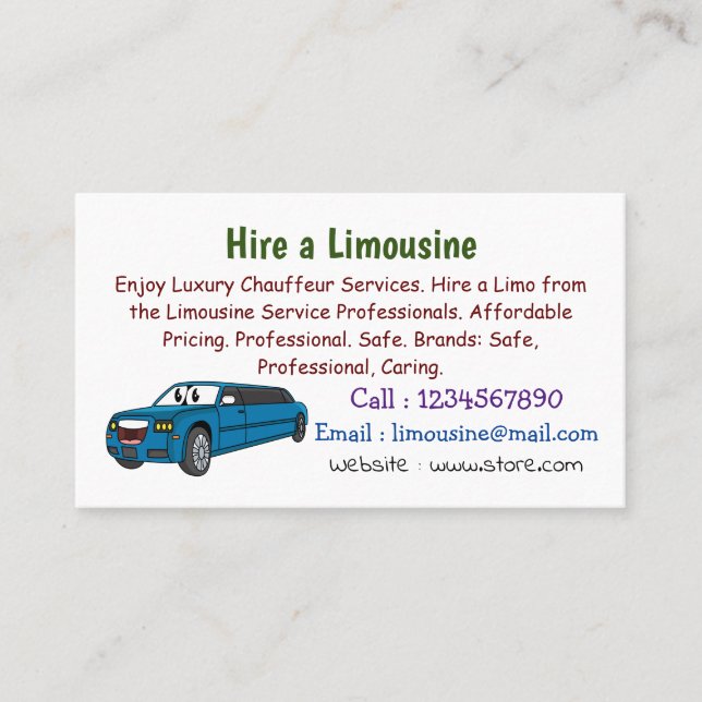 Cute happy blue Limousine cartoon car Business Card (Front)