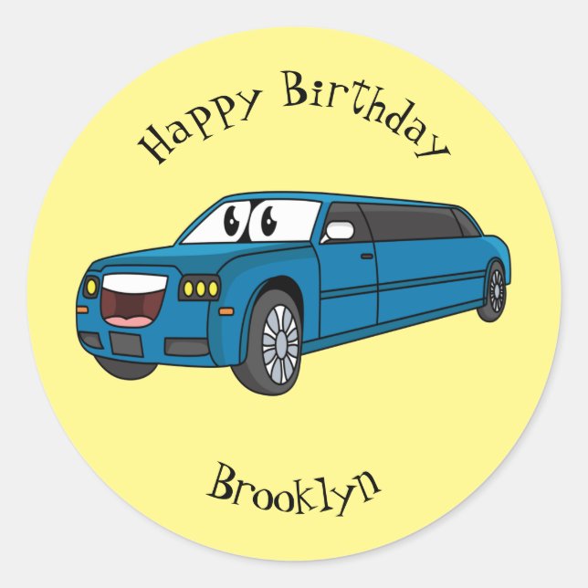 Cute happy blue Limousine cartoon car Classic Round Sticker (Front)