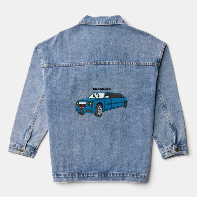 Cute happy blue Limousine cartoon car Denim Jacket (Back)