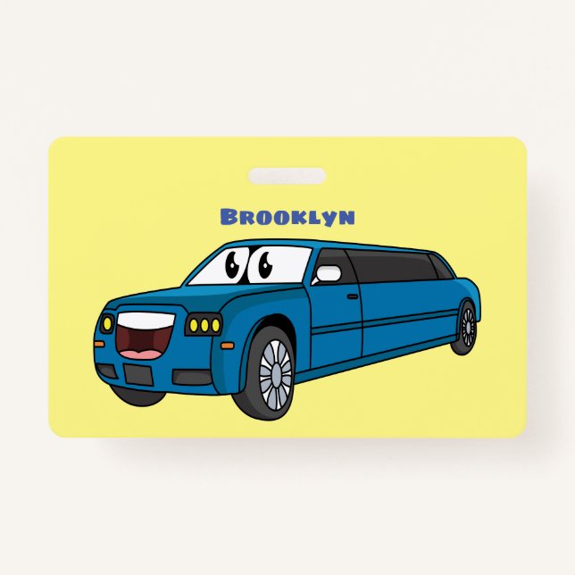 Cute happy blue Limousine cartoon car ID Badge (Front)