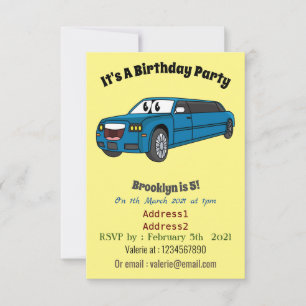 Cute happy blue Limousine cartoon car Invitation
