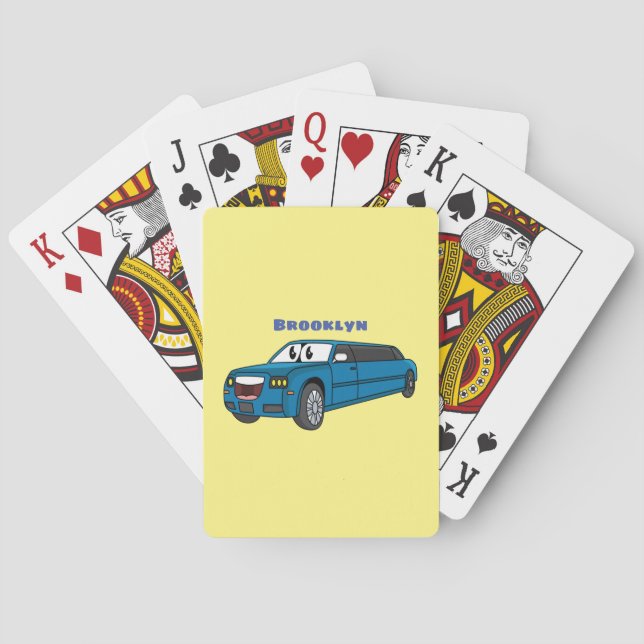 Cute happy blue Limousine cartoon car  Playing Cards (Back)