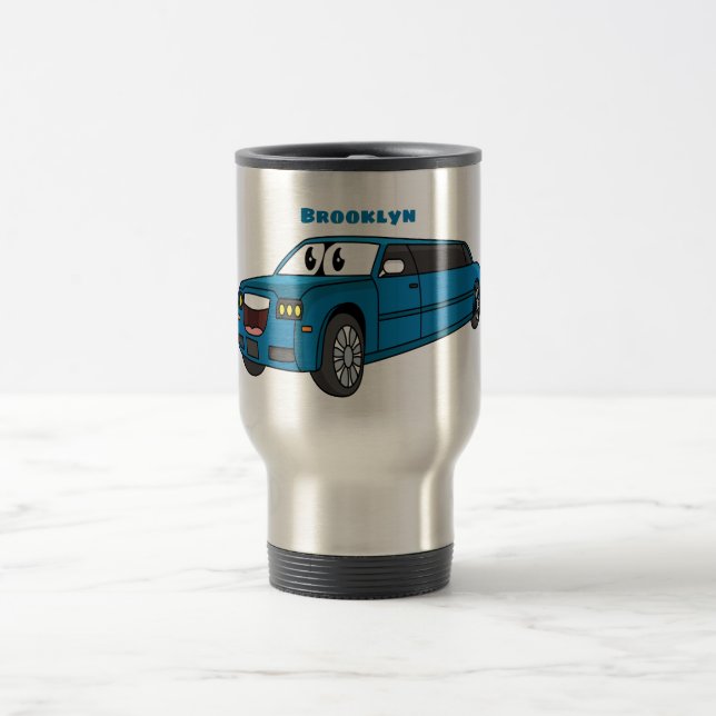 Cute happy blue Limousine cartoon car Travel Mug (Center)