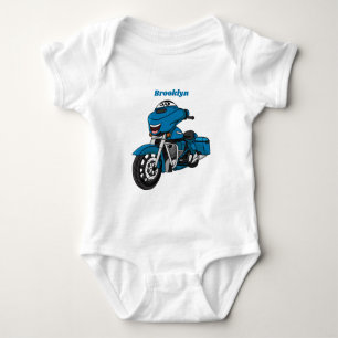 Cute happy blue motorcycle cartoon baby bodysuit