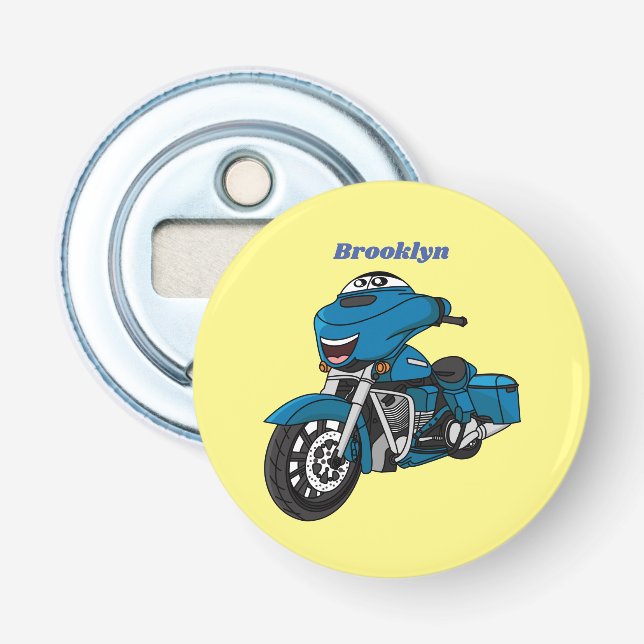 Cute happy blue motorcycle cartoon bottle opener (Front)