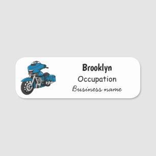 Cute happy blue motorcycle cartoon name tag
