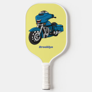 Cute happy blue motorcycle cartoon pickleball paddle