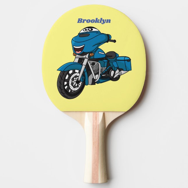 Cute happy blue motorcycle cartoon ping pong paddle (Front)