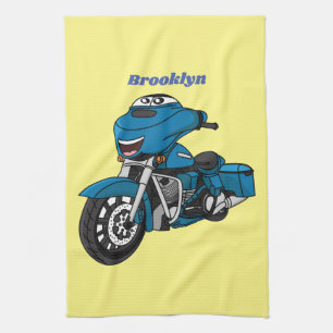 Cute happy blue motorcycle cartoon tea towel