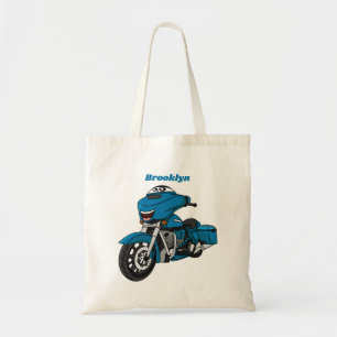 Cute happy blue motorcycle cartoon tote bag