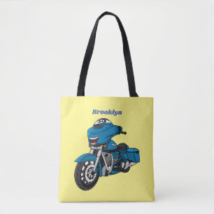 Cute happy blue motorcycle cartoon tote bag