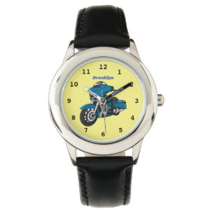 Cute happy blue motorcycle cartoon watch