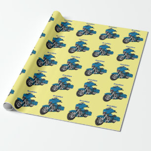Cute happy blue motorcycle cartoon wrapping paper