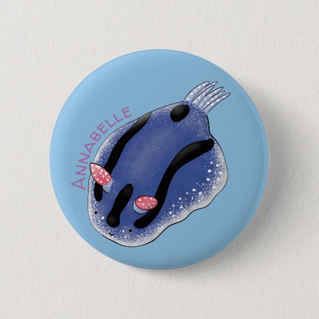 Cute happy blue nudibranch cartoon illustration 6 cm round badge (Front)