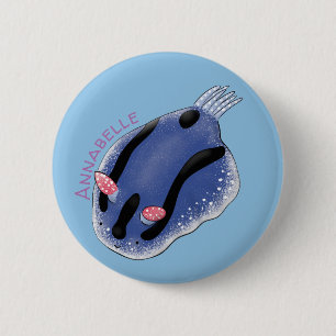 Cute happy blue nudibranch cartoon illustration 6 cm round badge