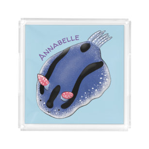 Cute happy blue nudibranch cartoon illustration acrylic tray
