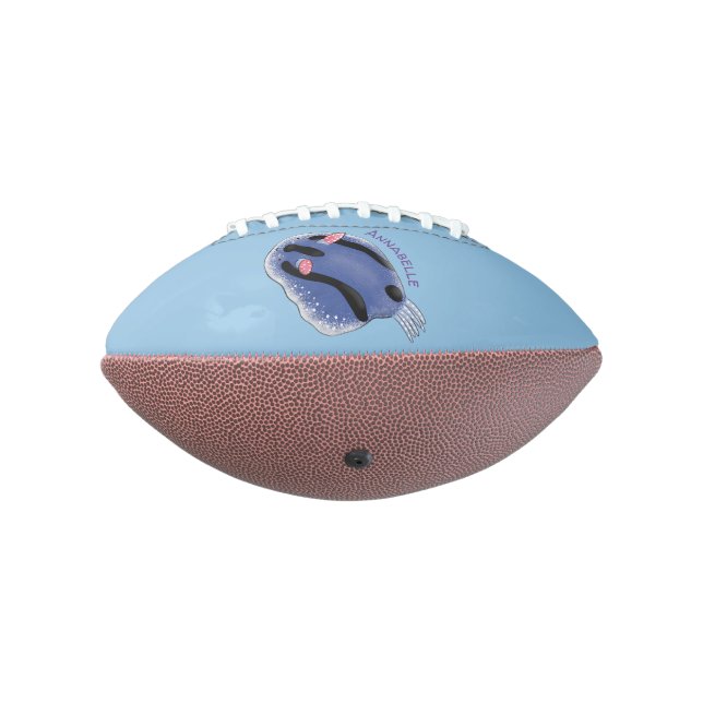 Cute happy blue nudibranch cartoon illustration american football (Rotated 270)
