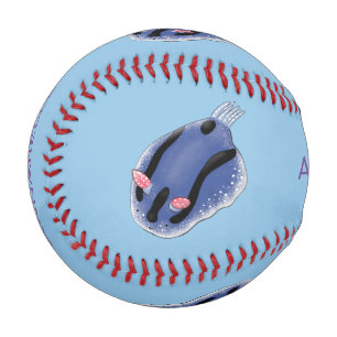 Cute happy blue nudibranch cartoon illustration baseball