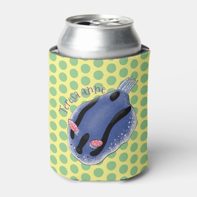 Cute happy blue nudibranch cartoon illustration can cooler (Can Front)