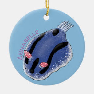 Cute happy blue nudibranch cartoon illustration ceramic tree decoration