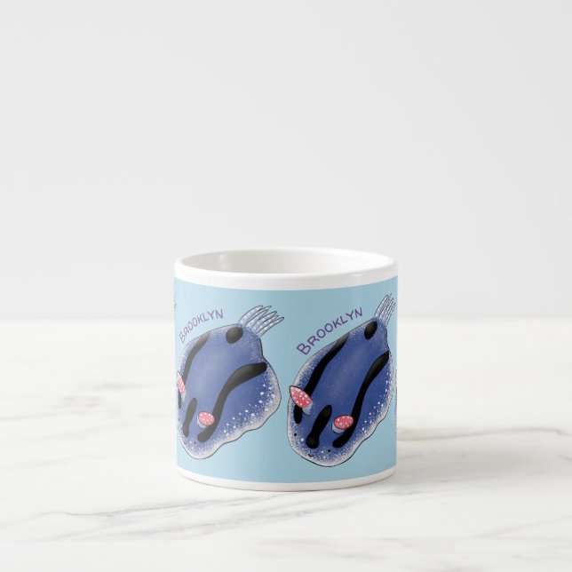 Cute happy blue nudibranch cartoon illustration espresso cup (Front)