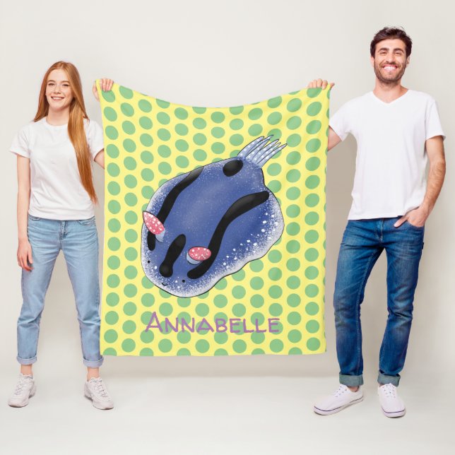 Cute happy blue nudibranch cartoon illustration fleece blanket (In Situ)