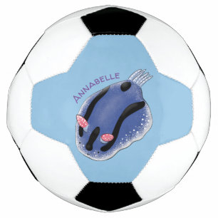 Cute happy blue nudibranch cartoon illustration football