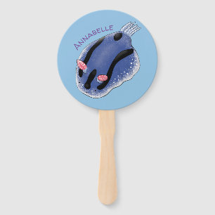 Cute happy blue nudibranch cartoon illustration hand fan
